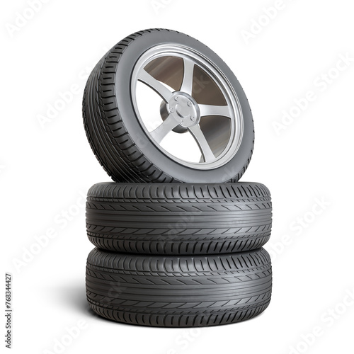 Set of Alloy Wheels with Tires 3D Render on Transparent Background