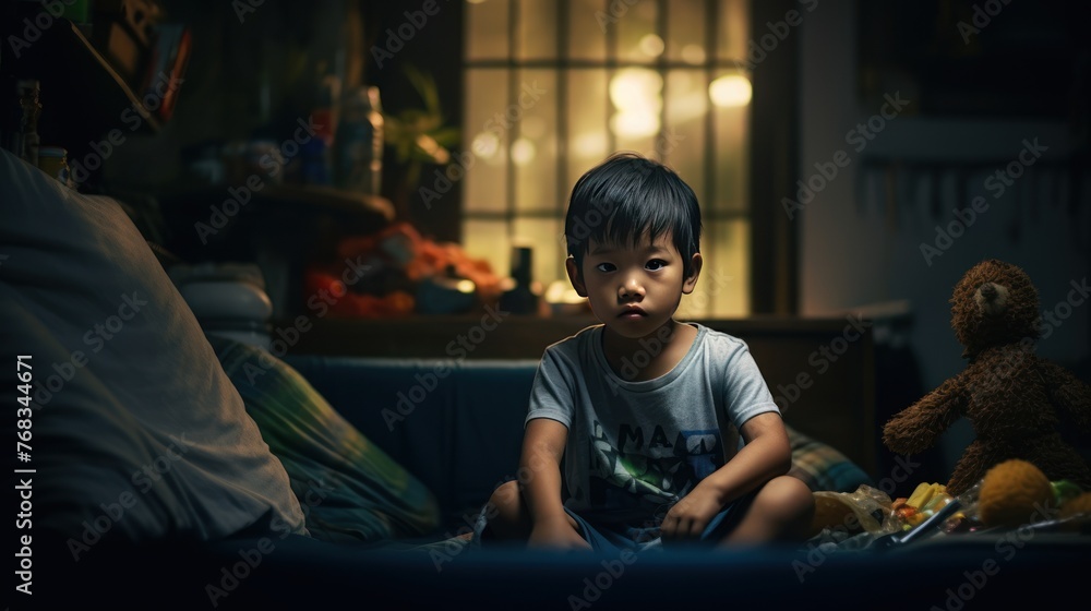 Chubby little Asian boy sitting alone after getting up from Chubby little Asian boy sitting alone after getting up from