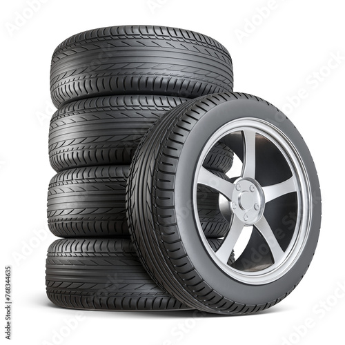 Set of Alloy Wheels with Tires 3D Render on Transparent Background (ID: 768344635)