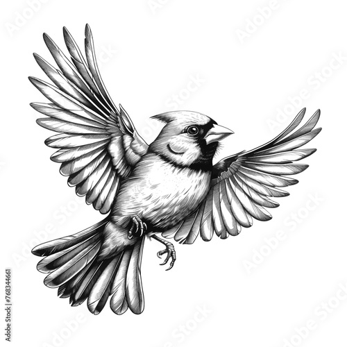 Northern Cardinal in mid-flight bird, magnificent wings and distinct crest sketch engraving generative ai fictional character vector illustration. Scratch board imitation. Black and white image.