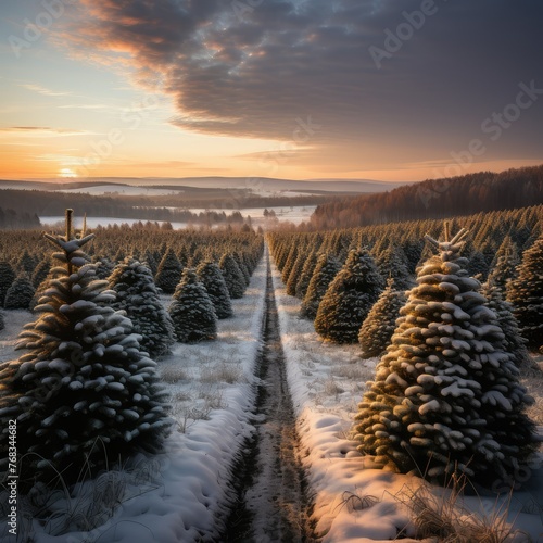 A snowy Christmas tree field under a pastel sky at sunset