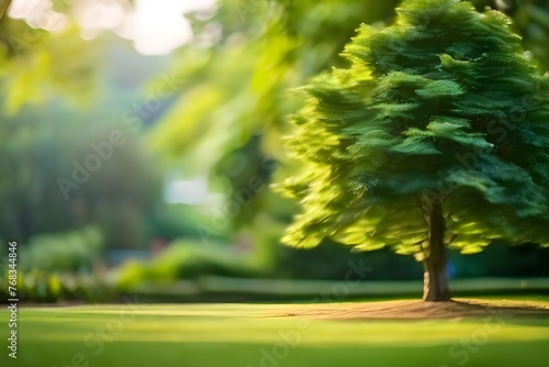 Blur park garden tree in nature background, blurry green bokeh light outdoor in summer background Generative AI