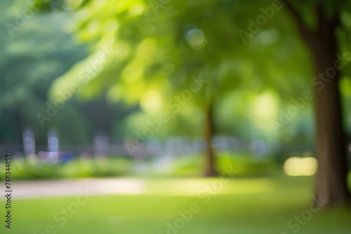 Blur park garden tree in nature background, blurry green bokeh light outdoor in summer background Generative AI