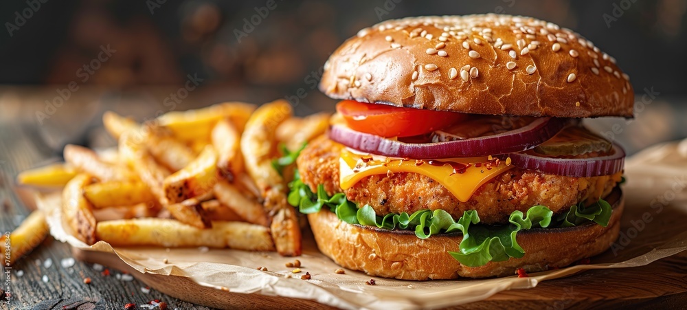Classic cheeseburger sprinkled with sesame seeds. Fresh and tasty crispy chicken burger Classic cheeseburger sprinkled with sesame seeds. Fresh and tasty crispy chicken burger