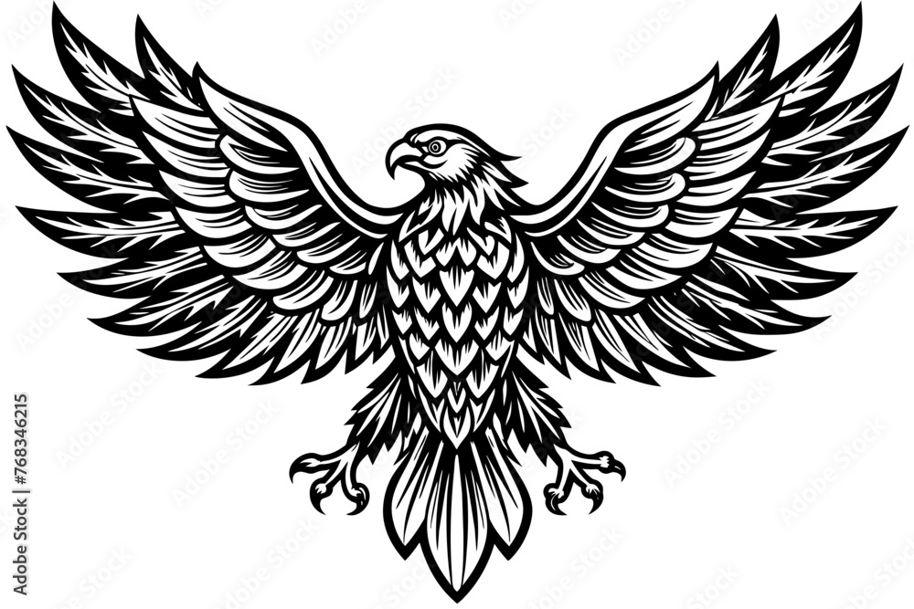 Fototapeta premium Eagle spreading its wing. Black and white vector.
