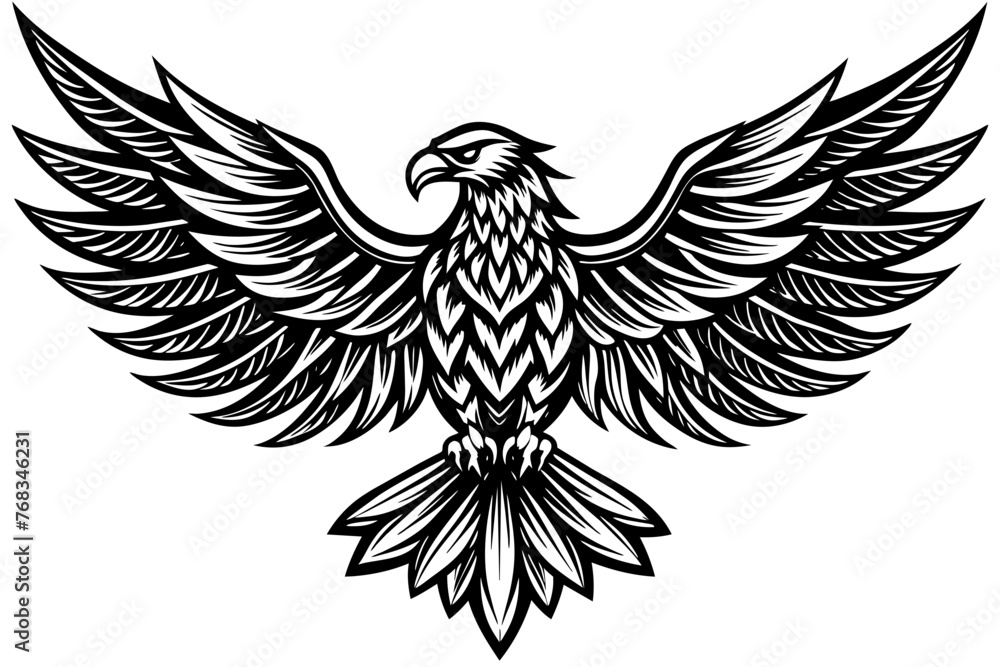 Fototapeta premium Eagle spreading its wing. Black and white vector.