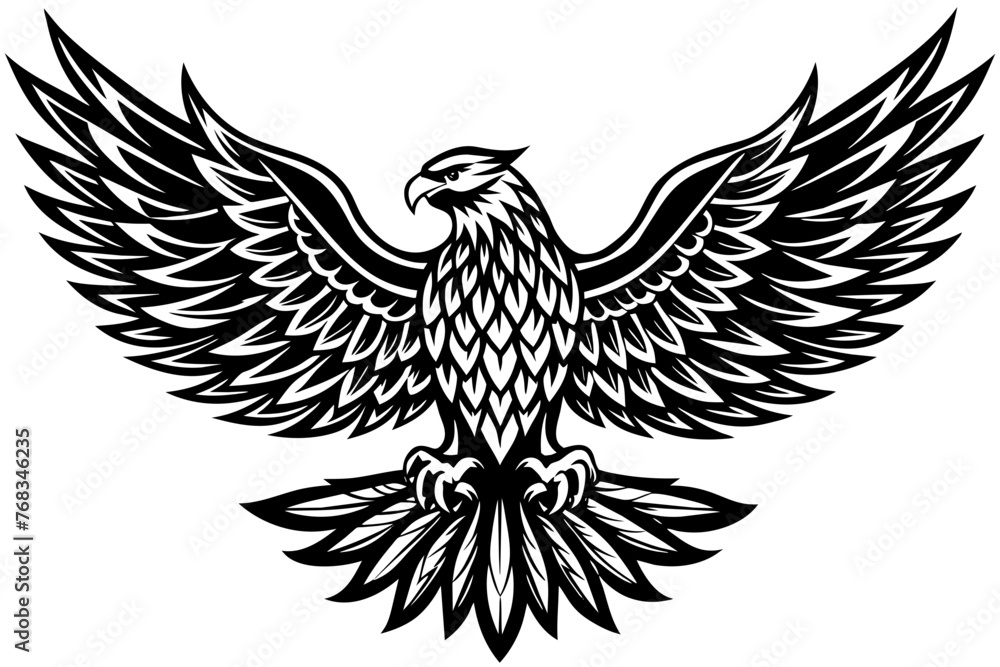 Eagle spreading its wing. Black and white vector.