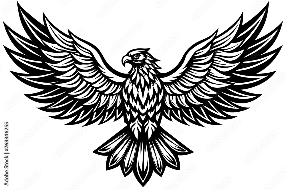 Fototapeta premium Eagle spreading its wing. Black and white vector.