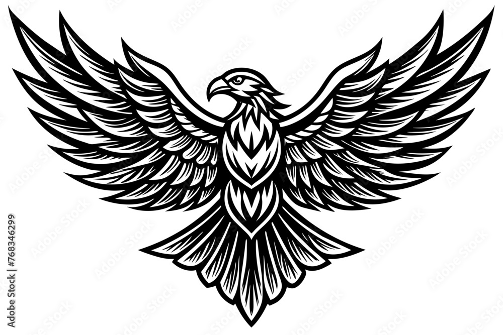 Fototapeta premium Eagle spreading its wing. Black and white vector.
