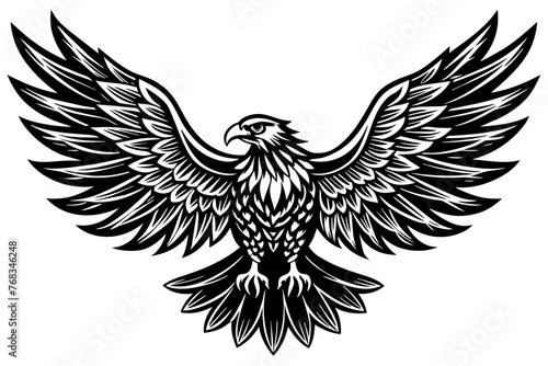 Eagle spreading its wing. Black and white vector.