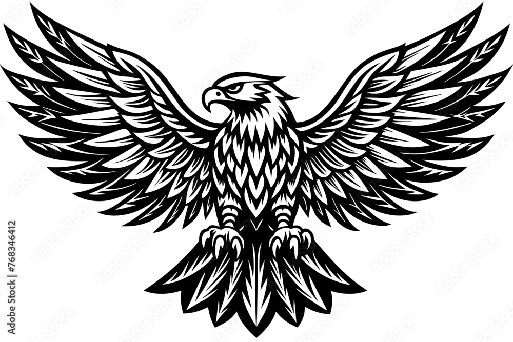 Obraz premium Eagle spreading its wing. Black and white vector.