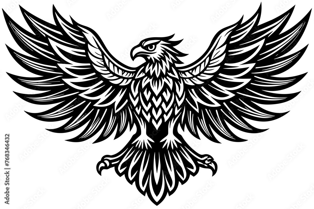 Eagle spreading its wing. Black and white vector.