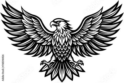 Eagle spreading its wing. Black and white vector.