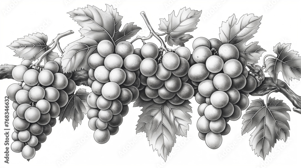 Fototapeta premium Grape branch hand drawing vintage style black and white clip art.