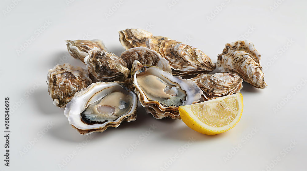 Fresh opened oysters isolated on white background. Raw french oysters mollusk, shellfish or mussels collection top view. High quality photo Fresh opened oysters isolated on white background. Raw french oysters mollusk, shellfish or mussels collection top view. High quality photo