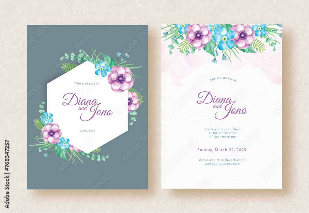 Wedding invitation card with hexagonal frame and floral watercolor arrangement