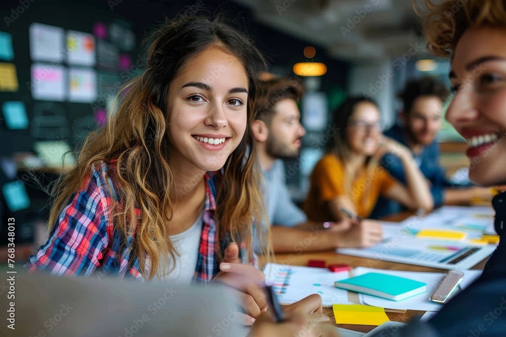 Fototapeta premium A bright-eyed young woman with a checked shirt smiles in a collaborative workspace