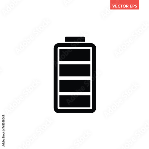 Black single full battery indicator icon, simple level full charge flat design vector pictogram, infographic interface elements for app logo web button ui ux isolated on white background
