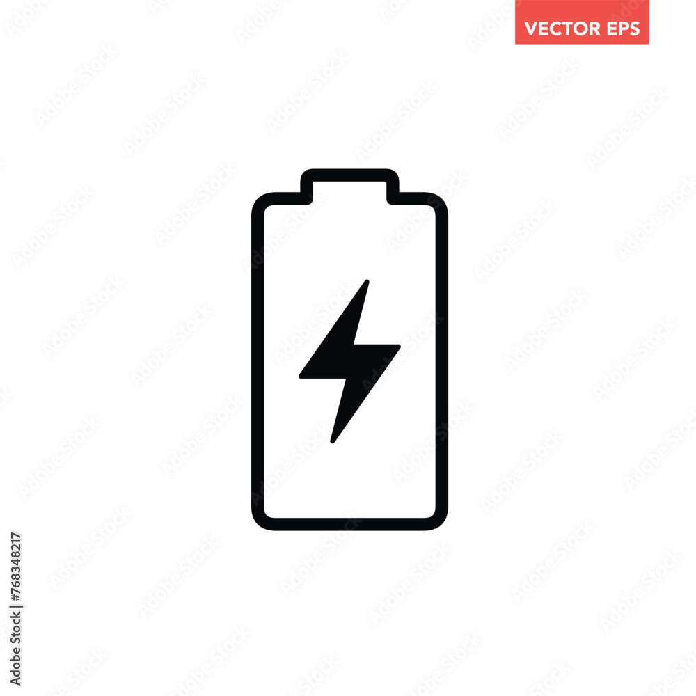 Black single battery charging line icon, simple shape power source flat design pictogram infographics vector pictogram, app web button ui interface element isolated on white backgroun Black single battery charging line icon, simple shape power source flat design pictogram infographics vector pictogram, app web button ui interface element isolated on white backgroun