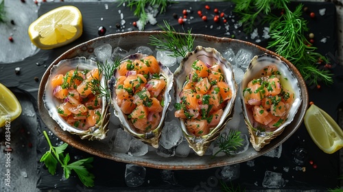 Salmon tartare served in oyster shell on ice. Raw fish dish at modern, stylish Japanese sushi restaurant. Fresh seafood with lemon in bowl on the table.