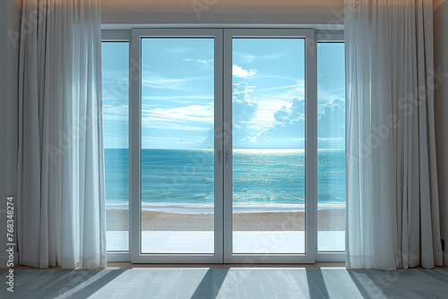 Panoramic windows in empty room with curtains with view on sea beach in sunny day.