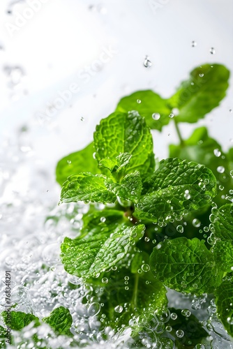 Mint leaves in water, bubbles around the mint, white background, food photography