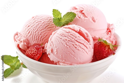 Strawberry ice cream in white bowl close up