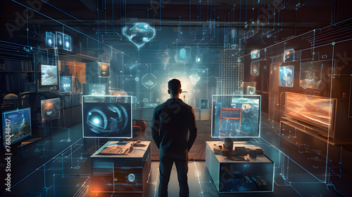 A person walking in futuristic market place surrounded with device and hologram