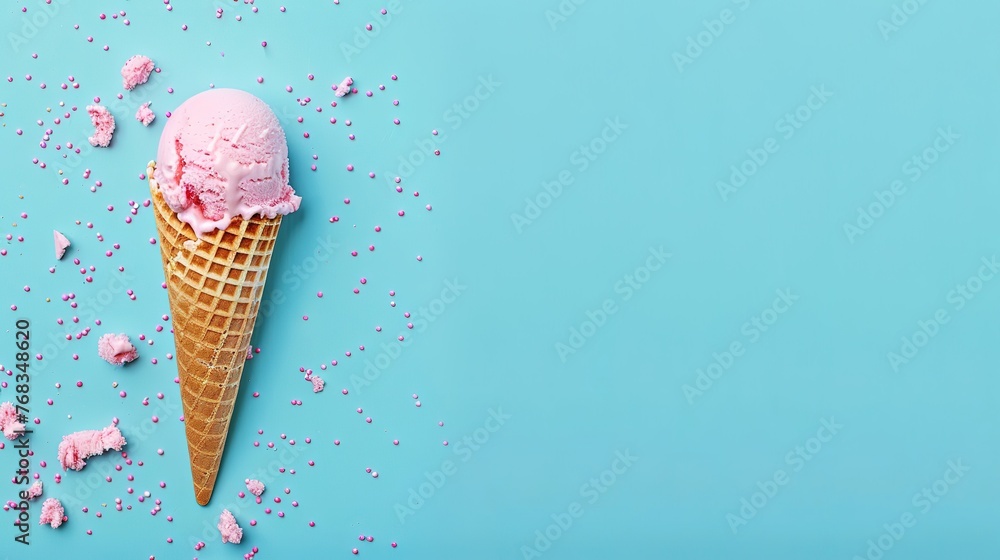 Ice cream cone close-up. Pink Icecream scoop in waffle cone over blue background. Ice cream cone close-up. Pink Icecream scoop in waffle cone over blue background.