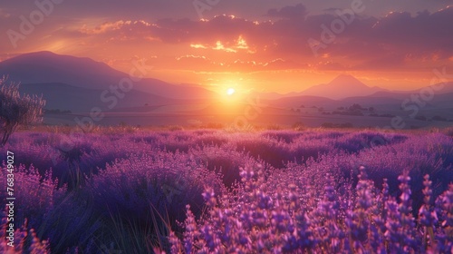 Provence Sunrise  Lavender Fields Awash in the Glowing Light of Dawn