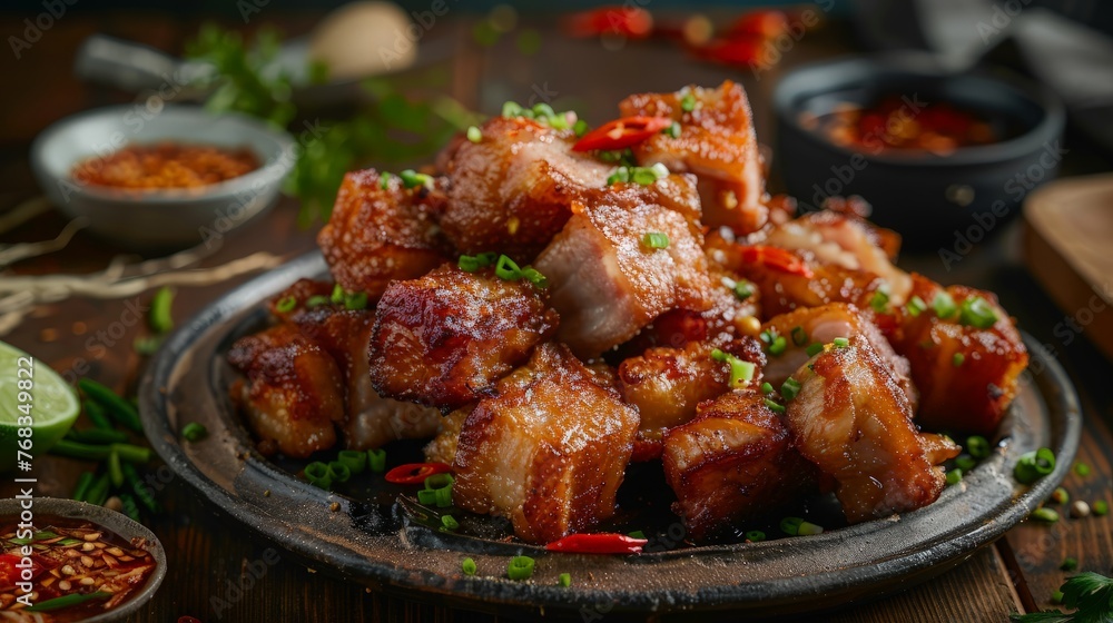deep fried pork , belly of pork or pork or fried pork with cucumber and spicy sauce or dip