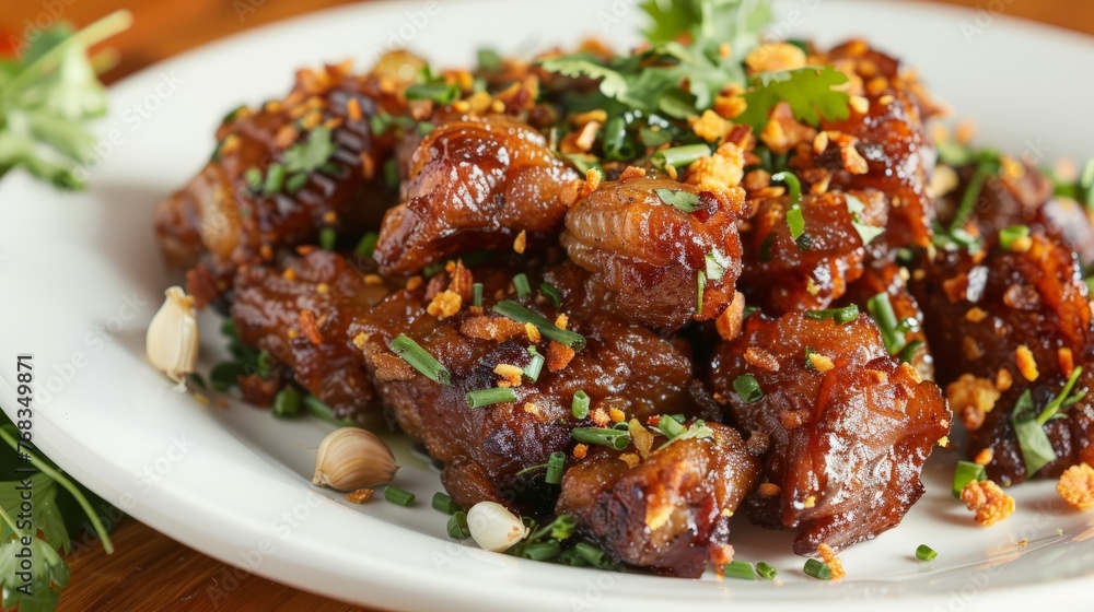 Deep-fried pork belly with succulent garlic and reddish-brown flakes served in a white plate.