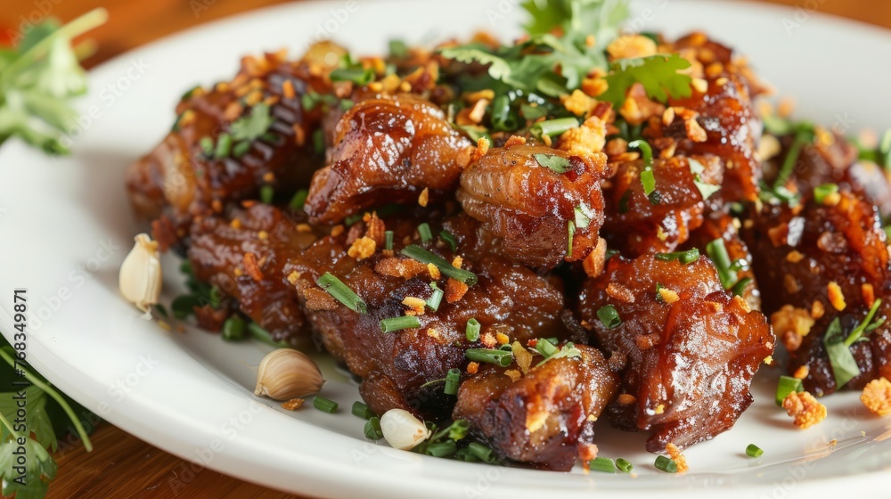 Deep-fried pork belly with succulent garlic and reddish-brown flakes served in a white plate. Deep-fried pork belly with succulent garlic and reddish-brown flakes served in a white plate.