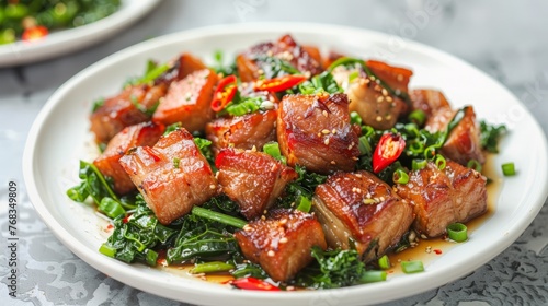 Crispy Pork Belly Stir Fry With Chinese Kale in white plate
