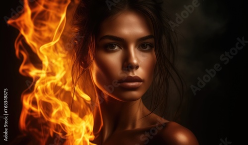 Beautiful woman on the background of flames. Generative AI