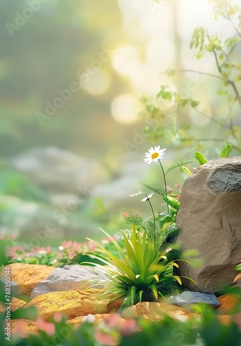 Scenery in nature composed of plants, flowers and stones on a blurry background. Product display template. Product Photography Background. Backdrop for presentation or design material photo