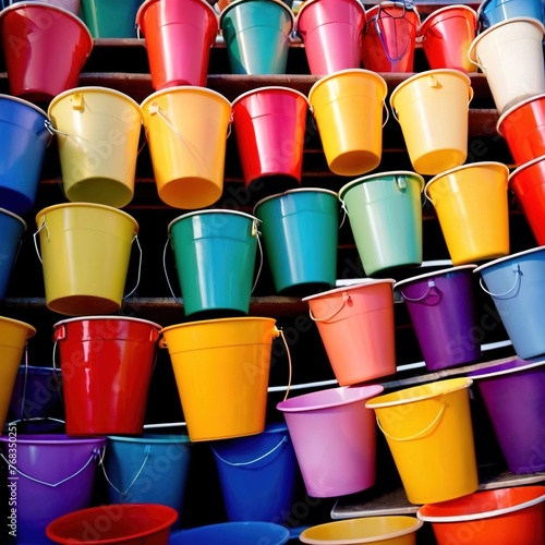 Assorted diverse bright colorful multicolored plastic buckets