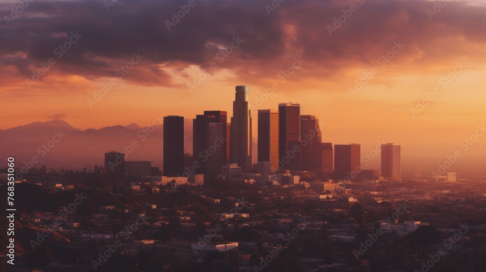 Angeles downtown skyline at sunset