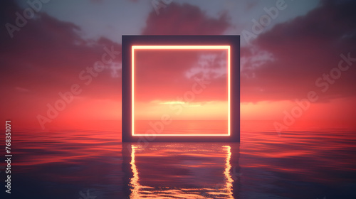 Seaside neon square frame abstract poster web page PPT background with generative