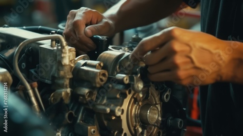 Close-up photo of a car mechanic working on a car engine in a mechanics repair service garage.