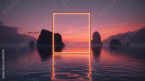 Seaside neon square frame abstract poster web page PPT background with generative