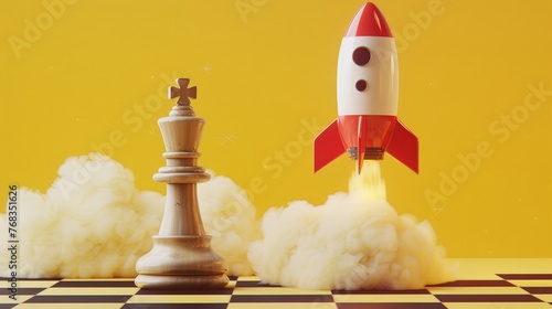 Rocket and chess king on yellow background, strategy and startup concept