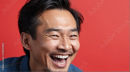 young aisan middle aged man on plain bright red background laughing hysterically looking at camera background banner template ad marketing concept from Generative AI photo