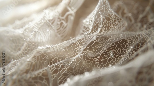 Macro shot of a delicate piece of lace, showcasing the fine threads and patterns with soft lighting hyper realistic