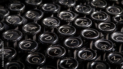 Highly detailed photograph of vintage typewriter keys, emphasizing the texture and mechanical beauty, with soft lighting no splash