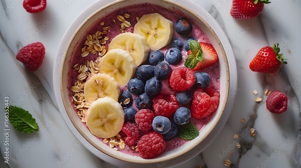 flatlay photograph of a homemade acai bowl on a white plate, minimalist. For posters, covers, background flatlay photograph of a homemade acai bowl on a white plate, minimalist. For posters, covers, background