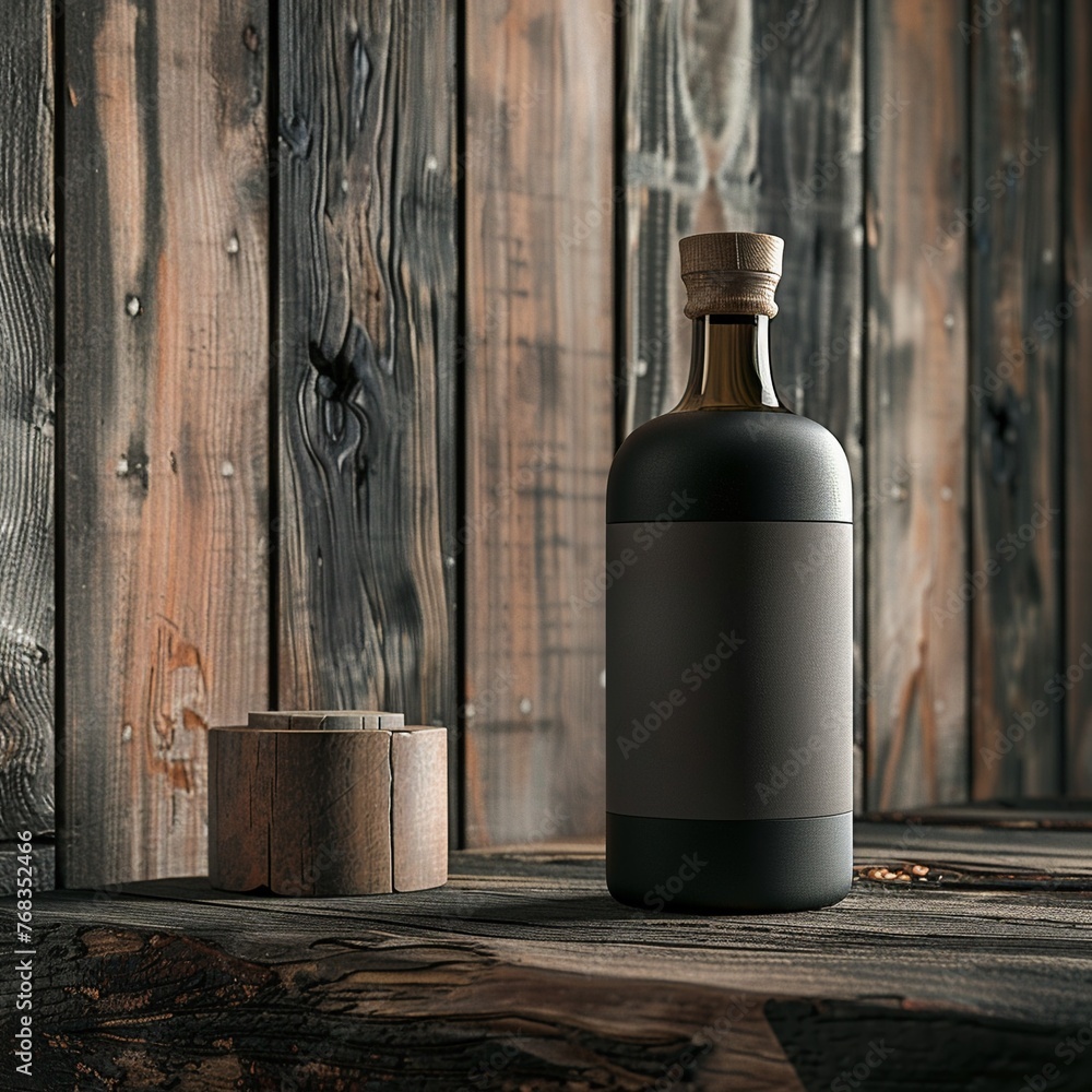 Elegant bottle with a backdrop of aged wood, timeless beauty no dust Elegant bottle with a backdrop of aged wood, timeless beauty no dust
