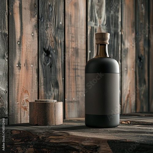 Elegant bottle with a backdrop of aged wood, timeless beauty no dust