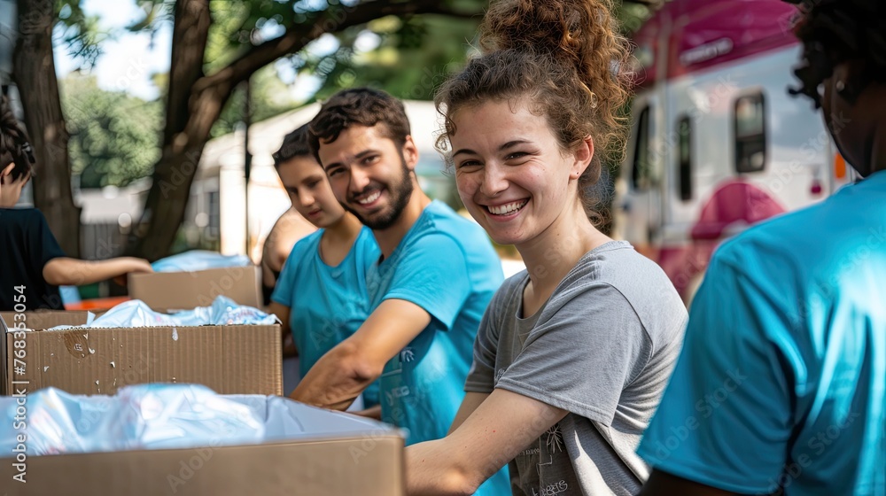 Smiling of volunteers packing food into cardboard boxes outside truck. Group volunteer working