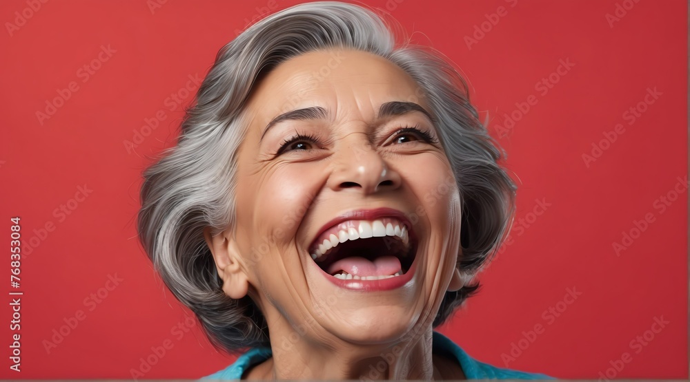 young hispanic elderly woman on plain bright red background laughing hysterically looking at camera background banner template ad marketing concept from Generative AI